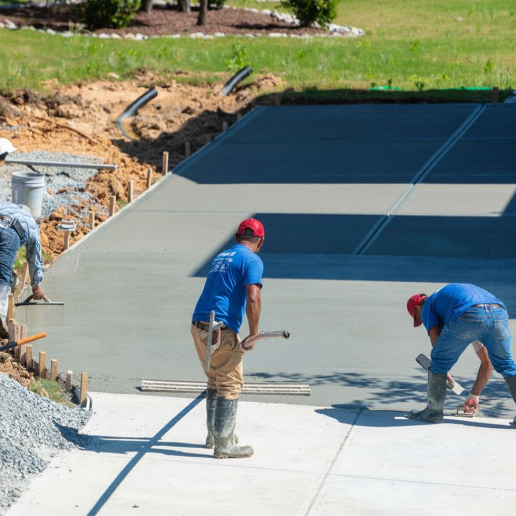 Construction workers smoothing wet concrete on a driveway, blue shirts, red hats, sunny outdoor setting.