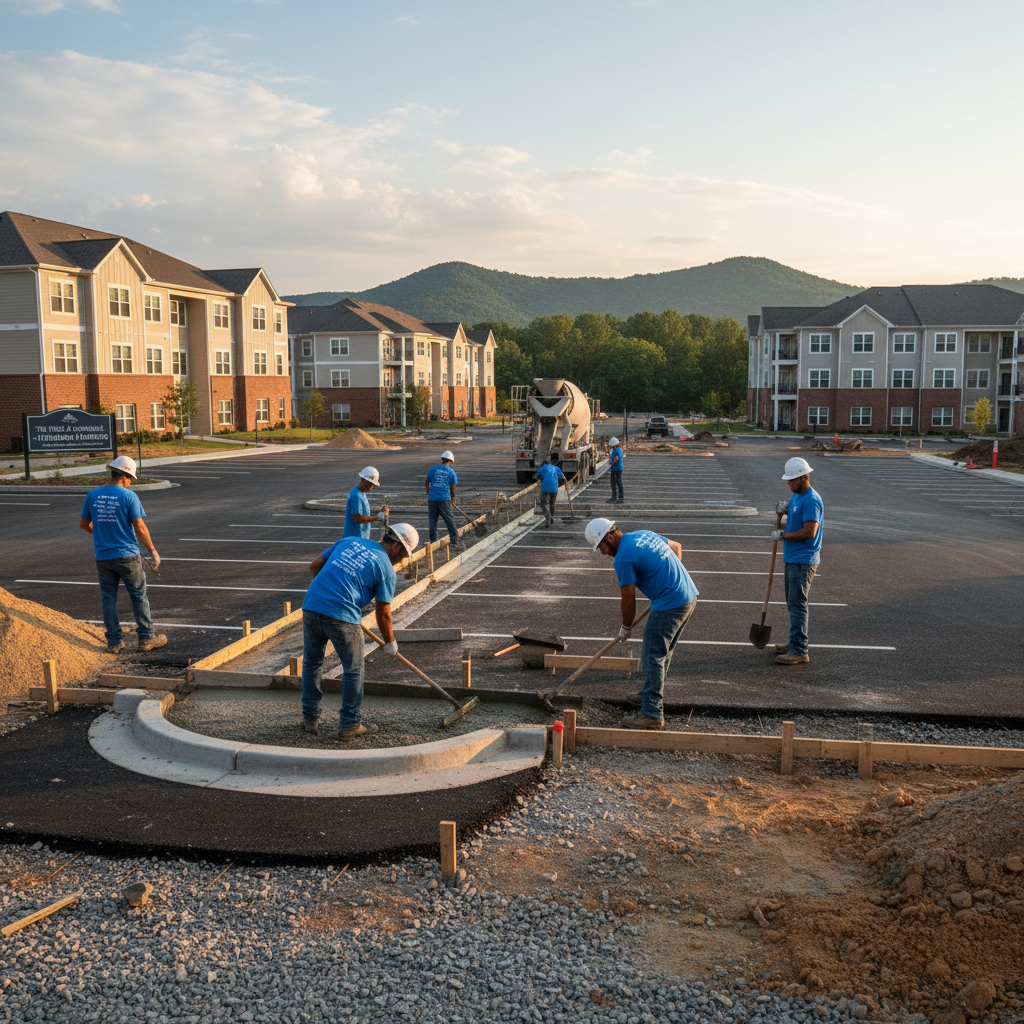 Sidewalk with yellow tactile paving, leading to apartment buildings. Cloudy day.
