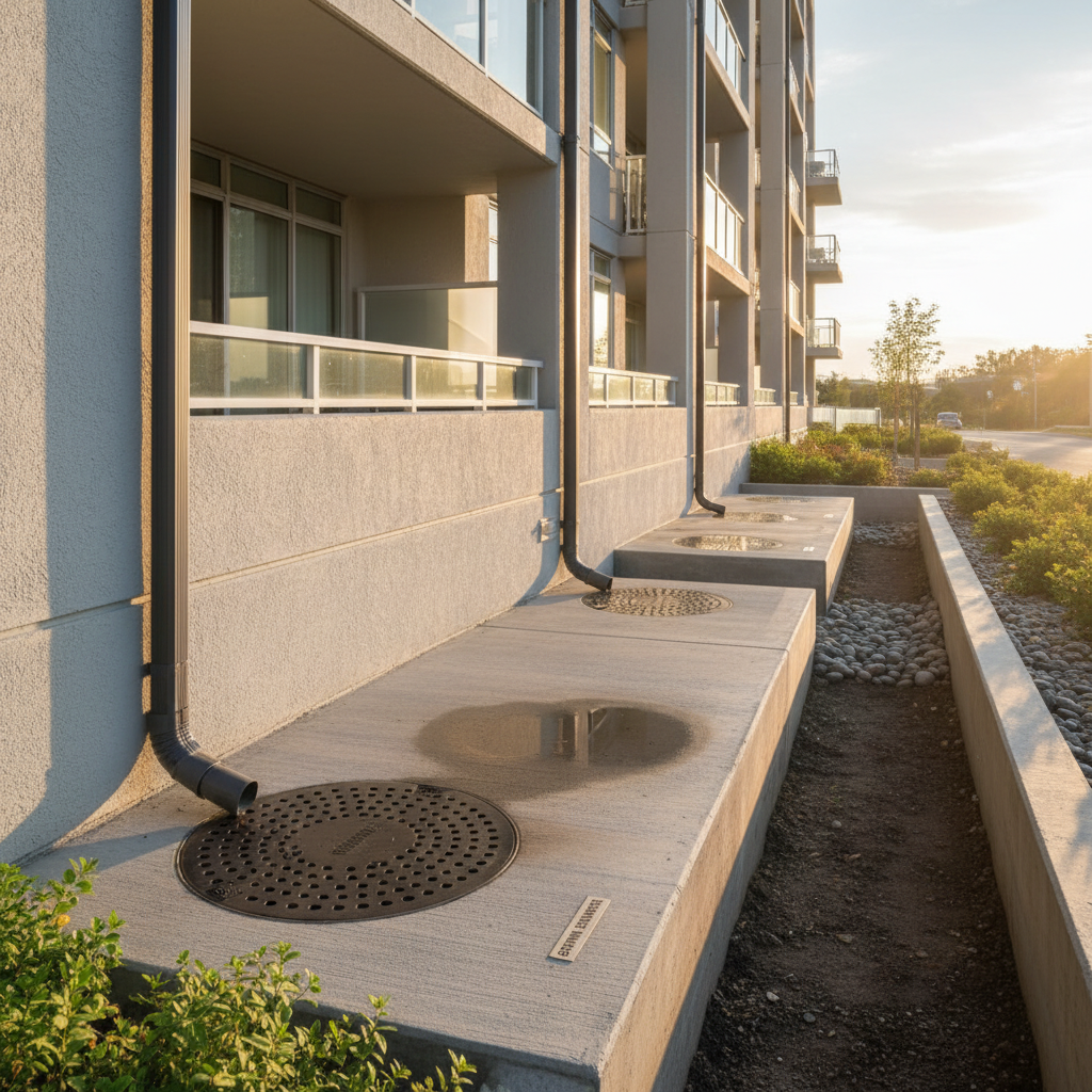 Exterior of a modern building with drainage system, featuring a gutter, concrete platform, and a landscaped area.