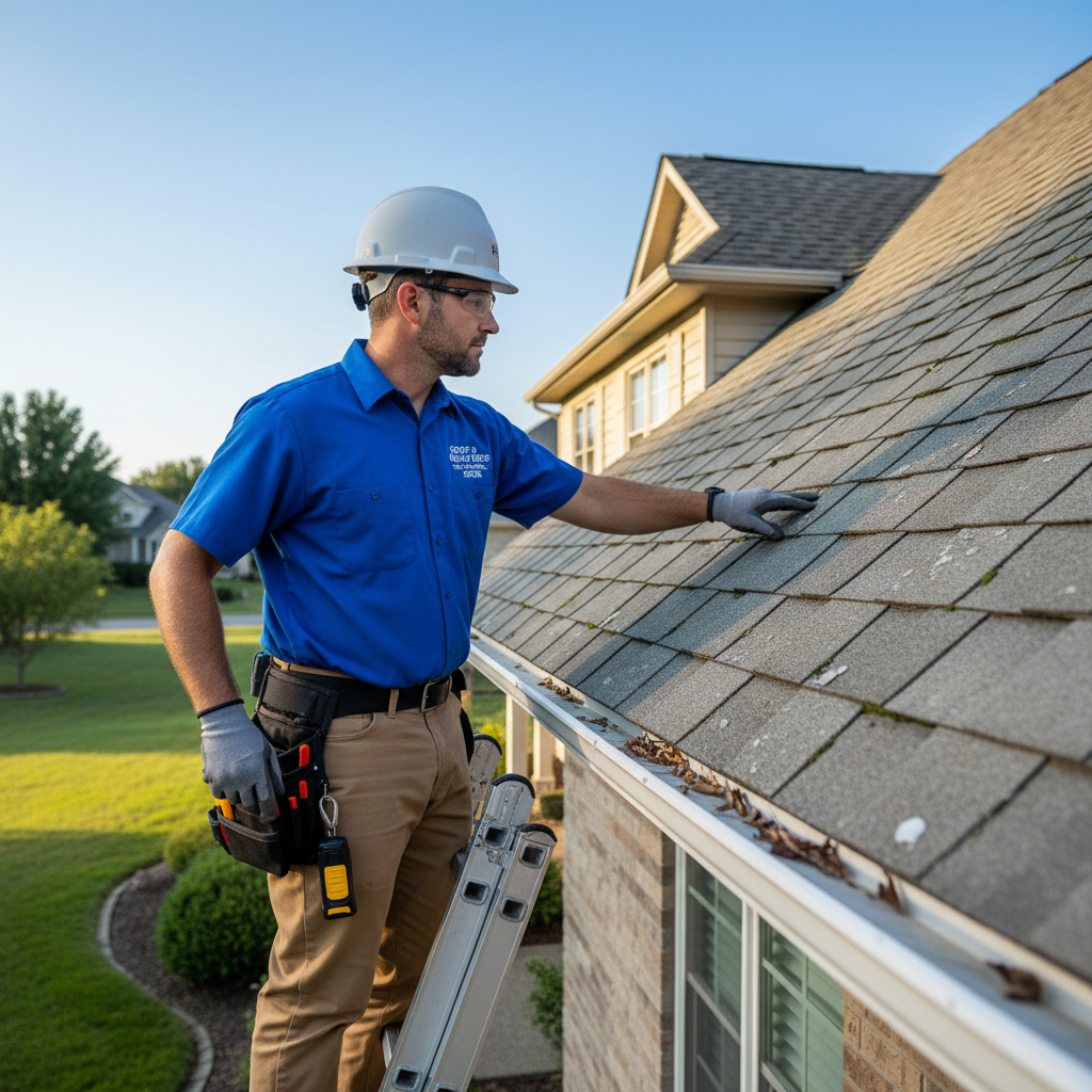 Man on ladder measuring a roof gutter, wearing a hard hat and safety glasses.