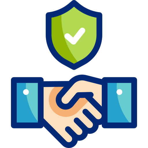 Hands shaking beneath a green shield with a checkmark, symbolizing an agreement.