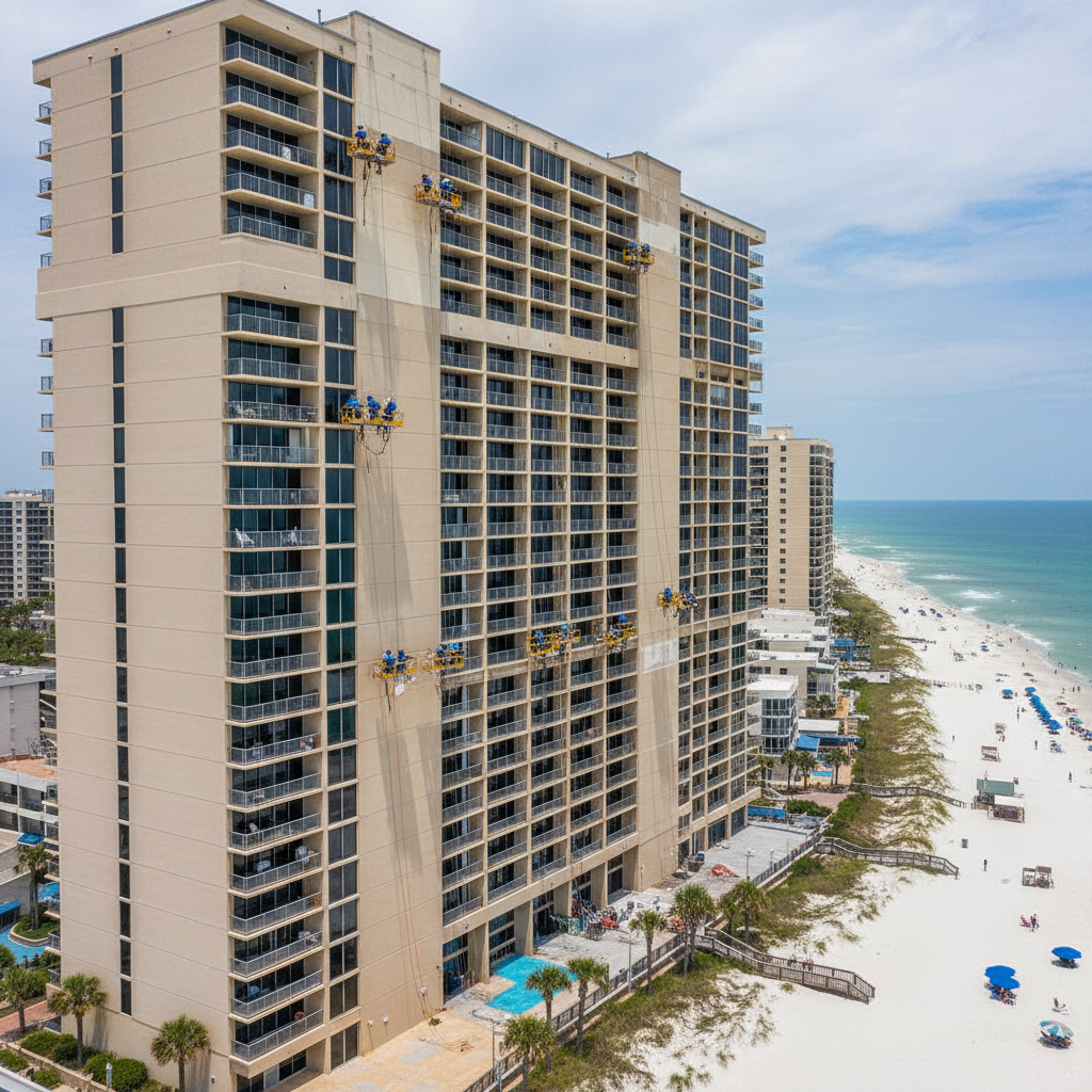High-rise building on a beach; workers in suspended platforms. Ocean and sand visible.