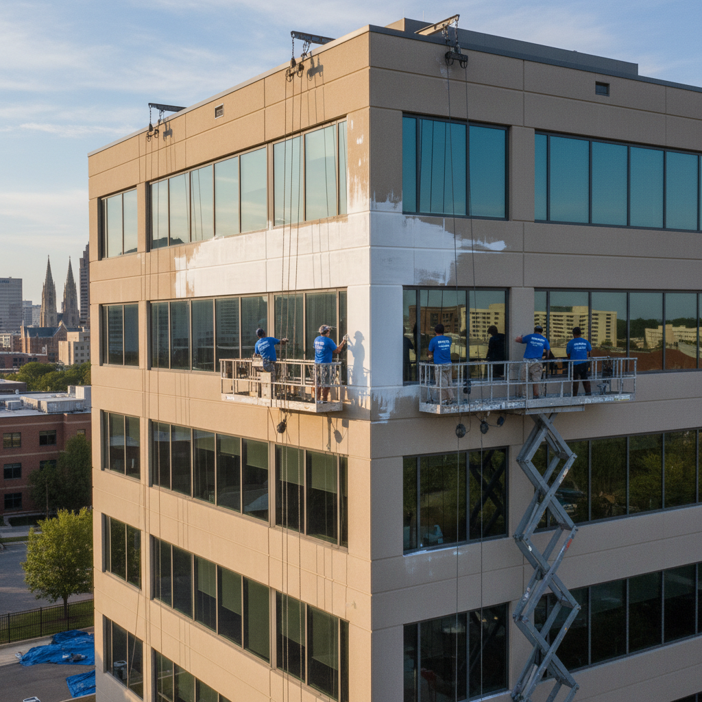 Workers painting a beige building exterior from suspended platforms. Blue tarps sit below.