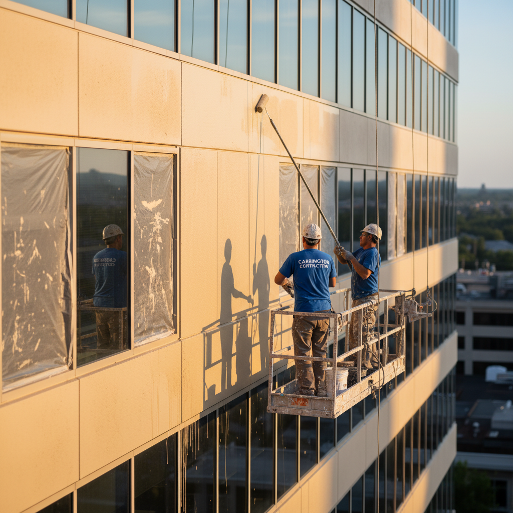 Apartment building with blue and white siding, balconies, and a black fence under a sunny sky.