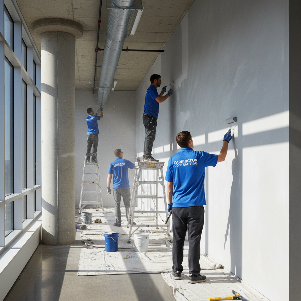 Four painters in blue shirts painting a white wall in a modern building.
