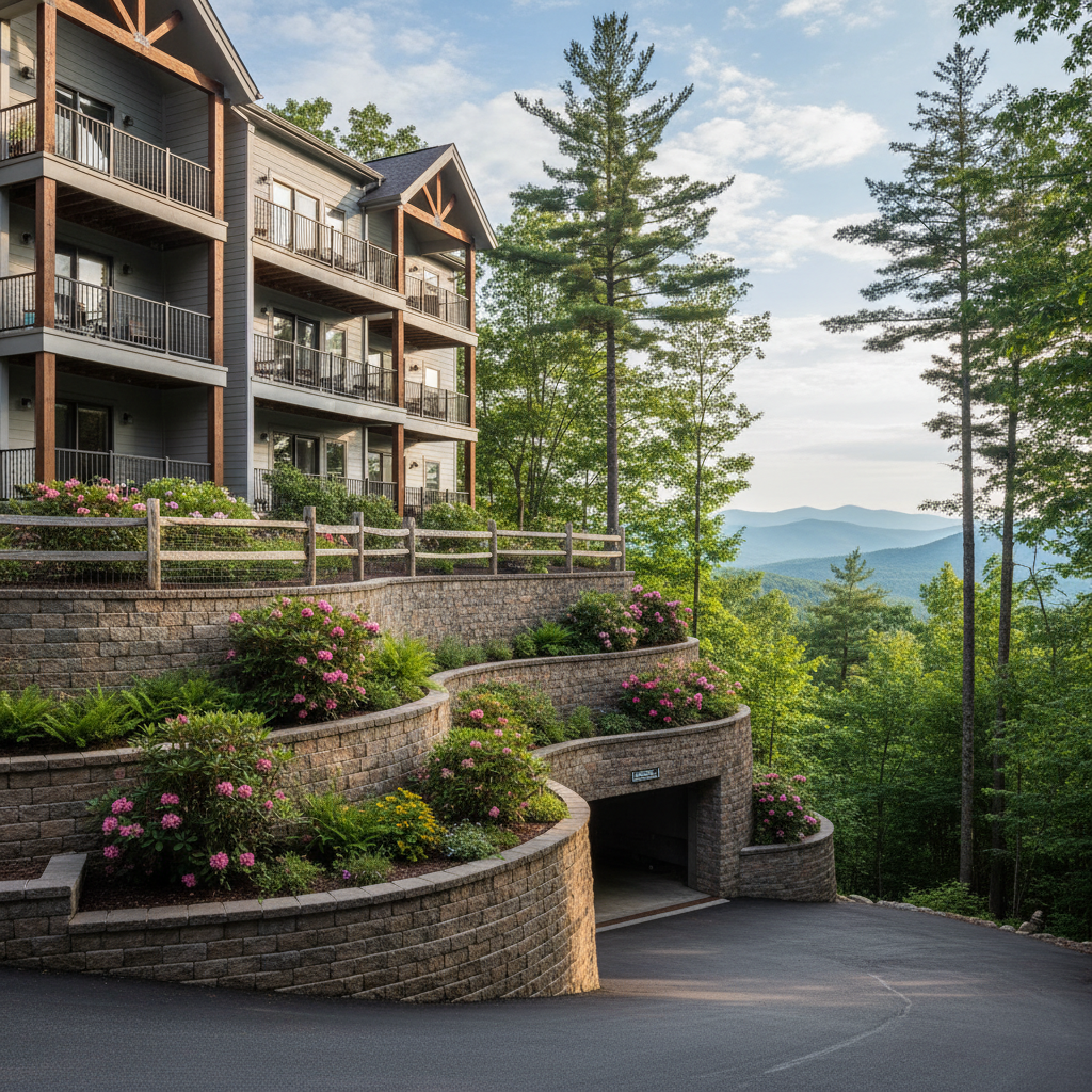 Gray wooden bench against a concrete wall and cobblestone path, with greenery in background.