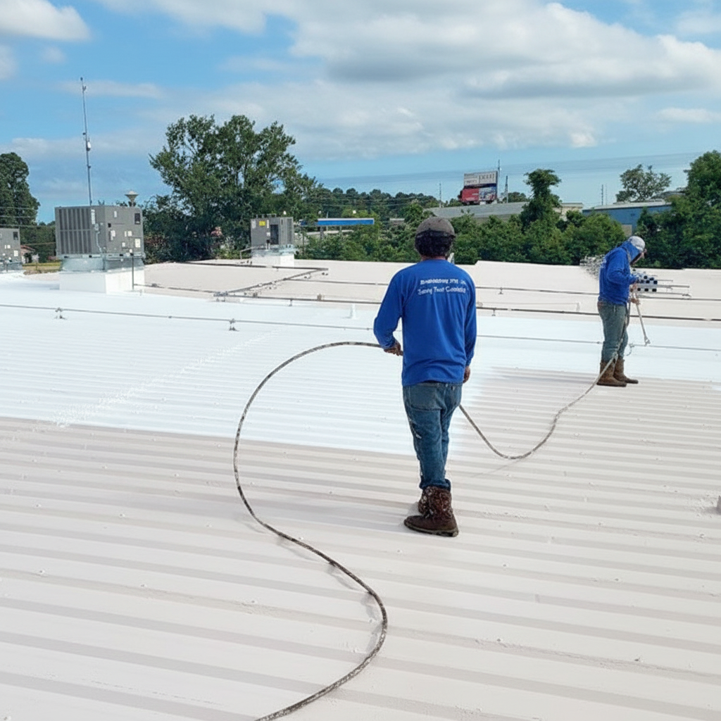 Two workers spraying a white substance on a corrugated metal roof on a sunny day.