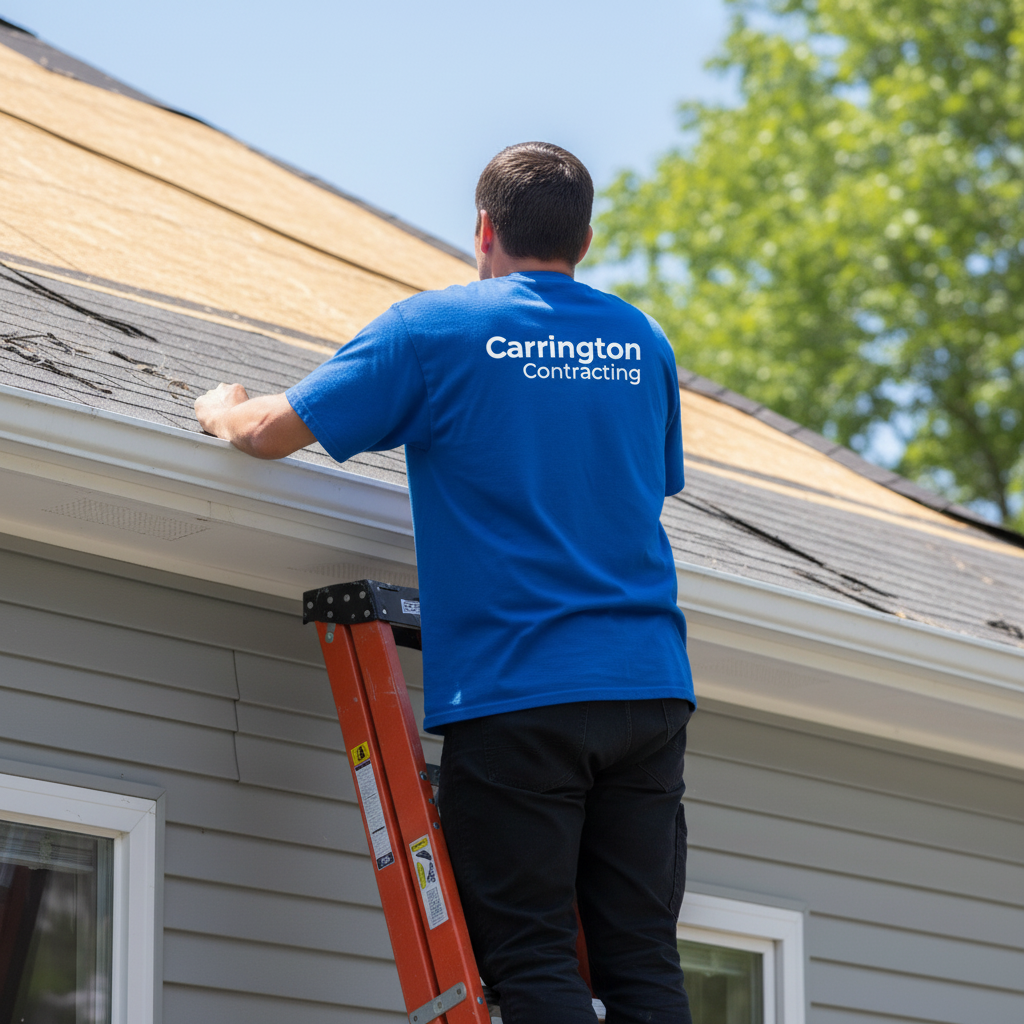 Roofer in white hard hat and red pants installing black metal roofing on a slanted roof.