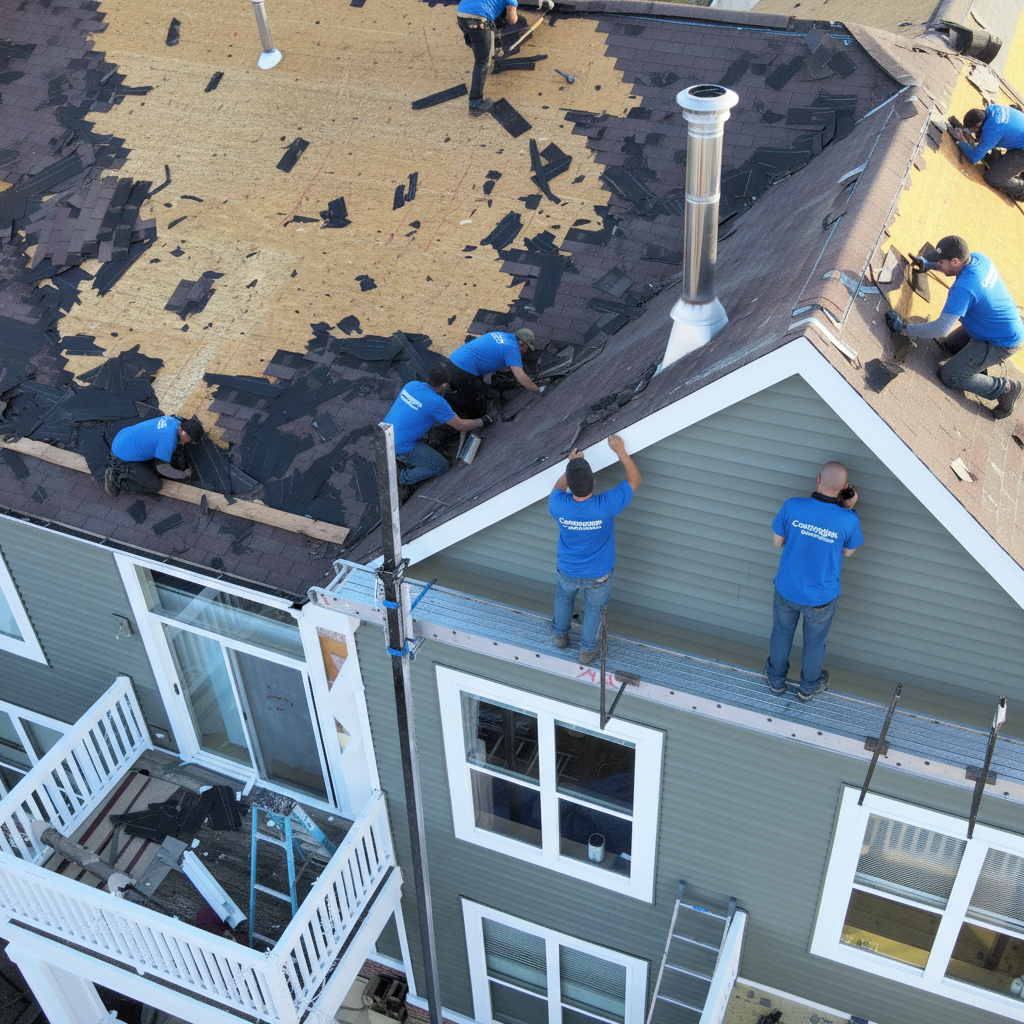 Roofer in hard hat, hammering on black metal roof under cloudy sky.