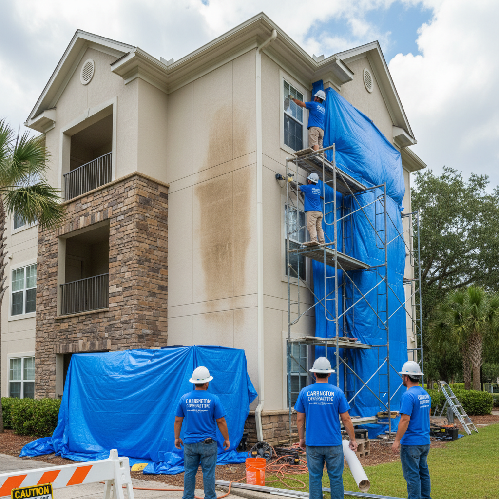Workers on an orange lift are renovating a two-story gray building under a blue sky.