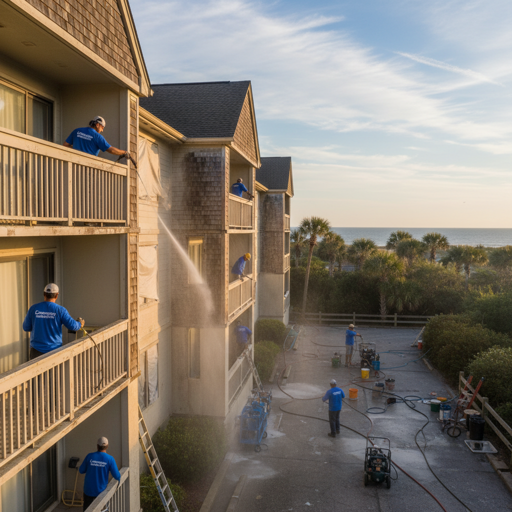 Workers pressure washing an apartment building with ocean view.
