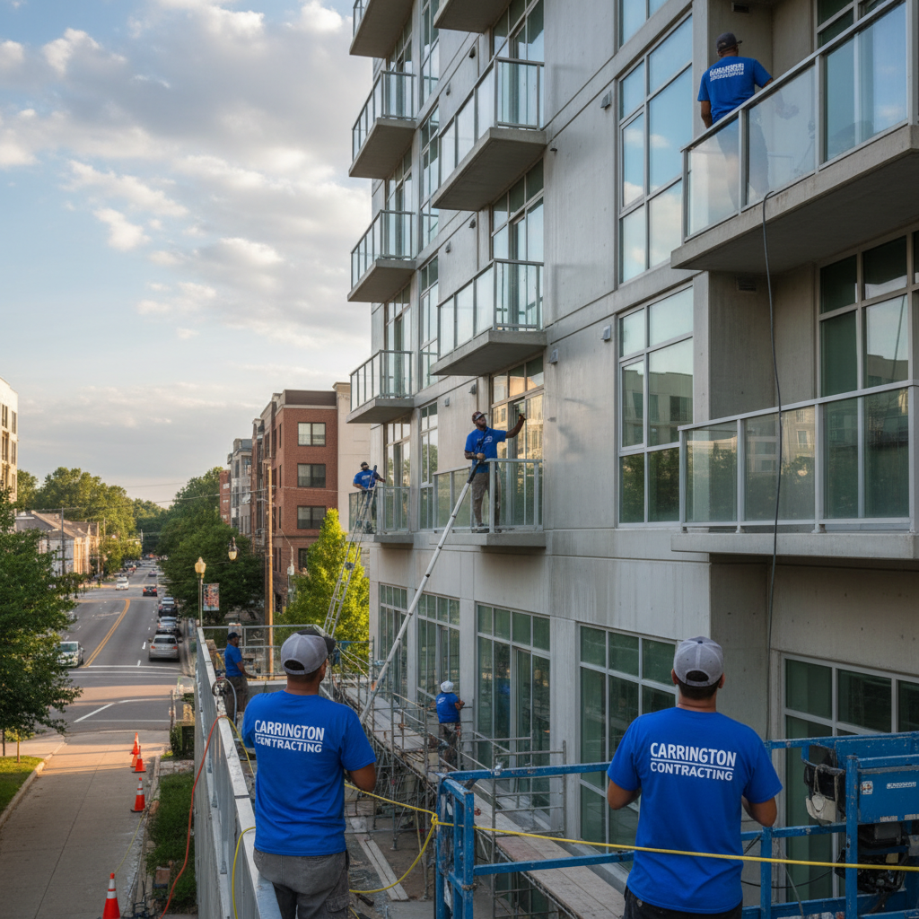 Building under construction, gray and white siding, lift platform, ladder, sunny day.