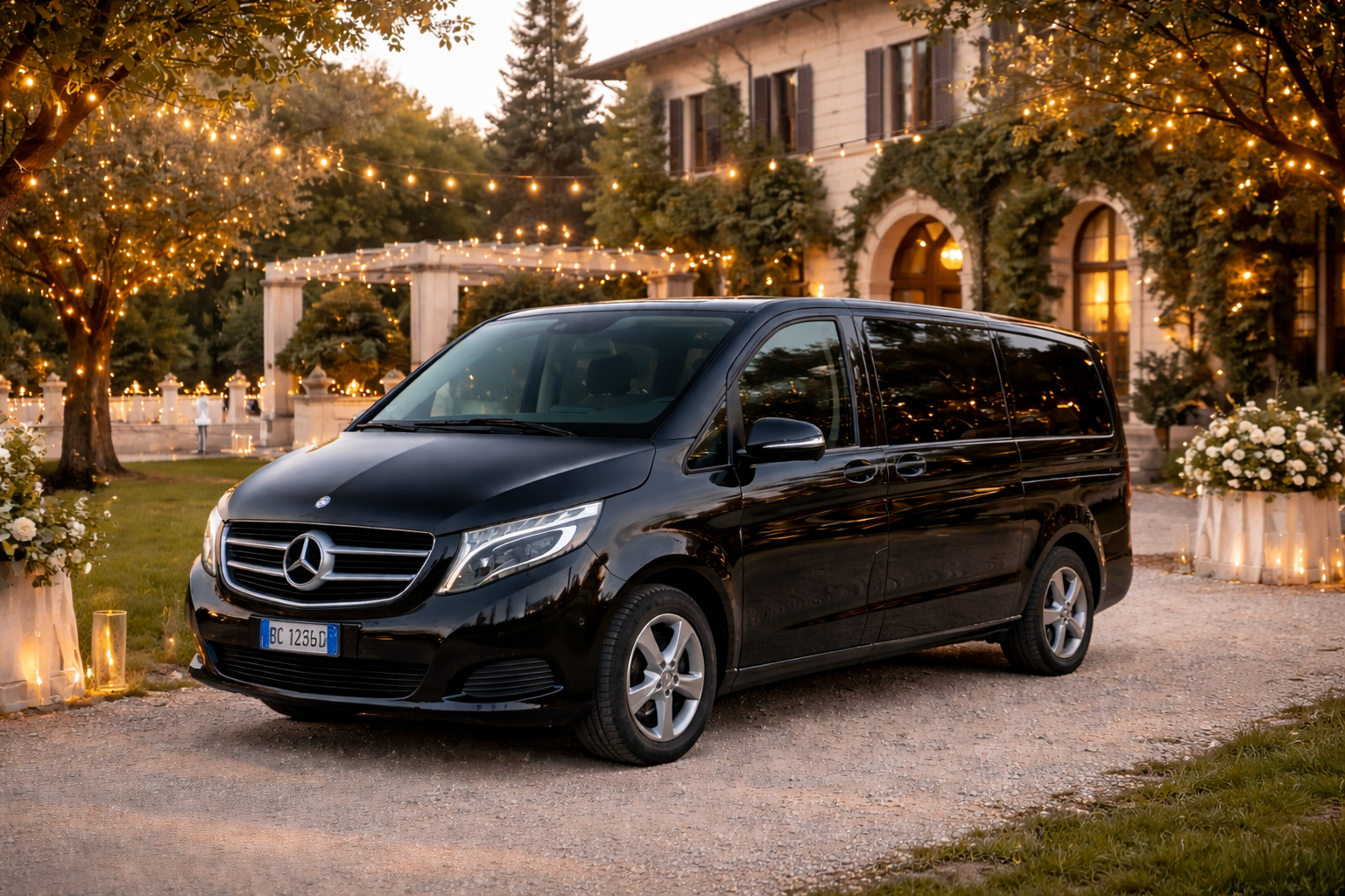 Un furgone passeggeri Mercedes-Benz nero parcheggiato su un vialetto di ghiaia di fronte a un edificio illuminato da luci decorative.