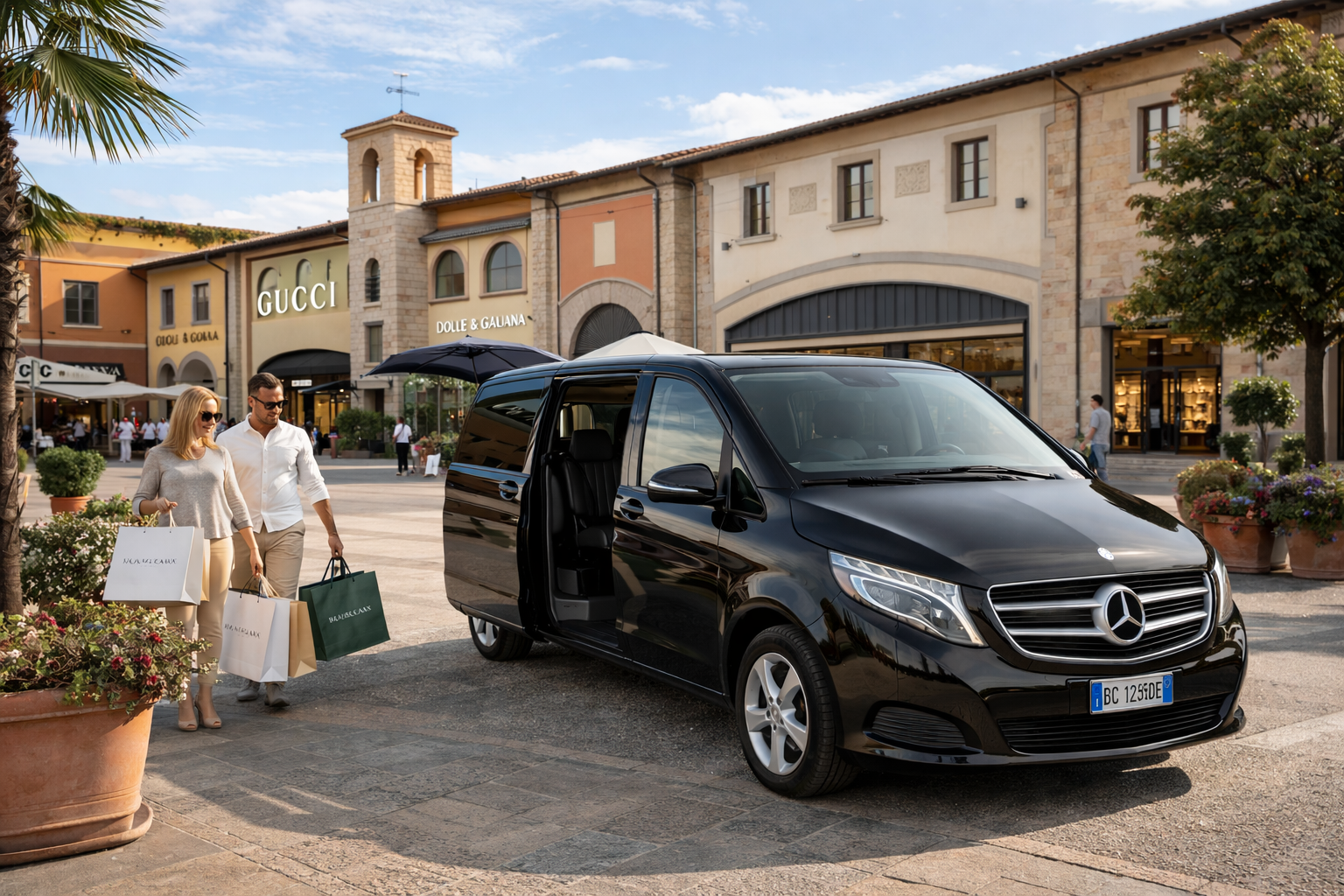 Una coppia con borse della spesa è in piedi accanto a un furgone Mercedes-Benz nero parcheggiato in un soleggiato centro commerciale all'aperto in stile europeo.