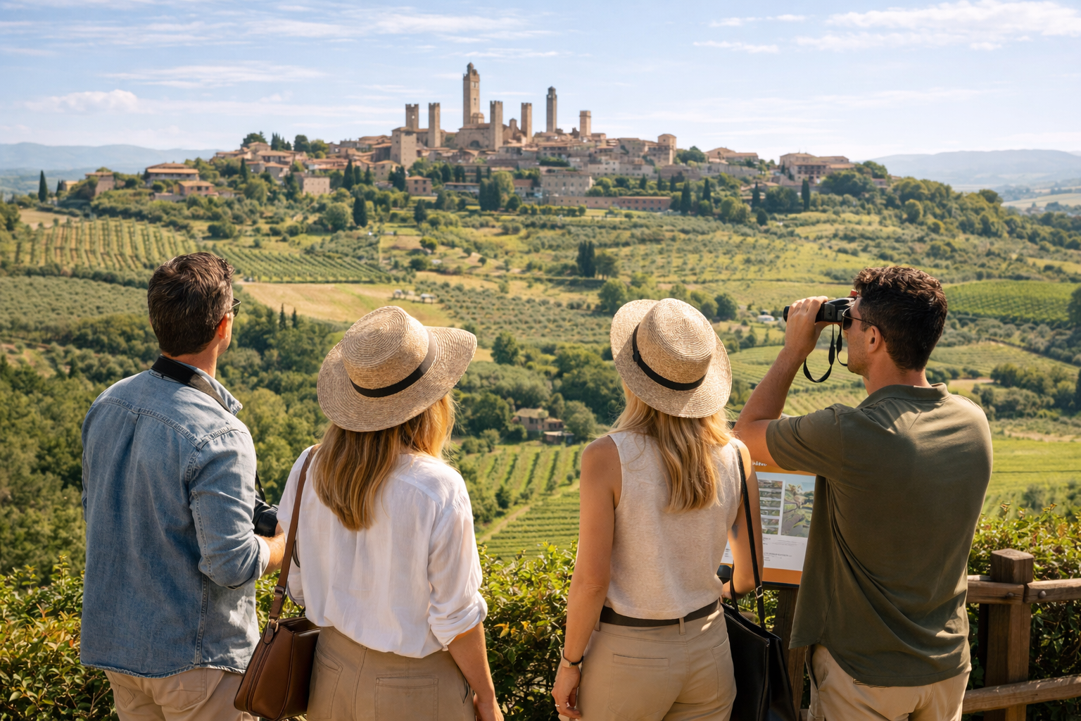 Quattro persone sono in piedi, di spalle alla telecamera, mentre osservano le torri medievali in pietra di San Gimignano, nella campagna italiana.
