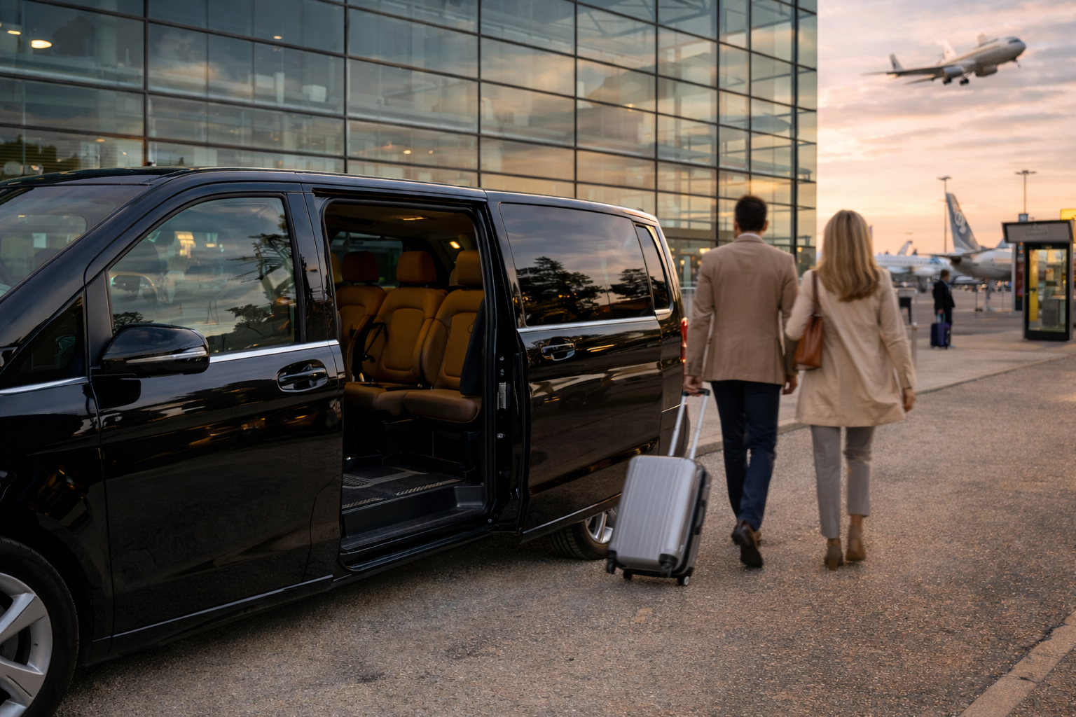 Una coppia si dirige verso un terminal dell'aeroporto con i bagagli accanto a un furgone nero con lo sportello scorrevole aperto.