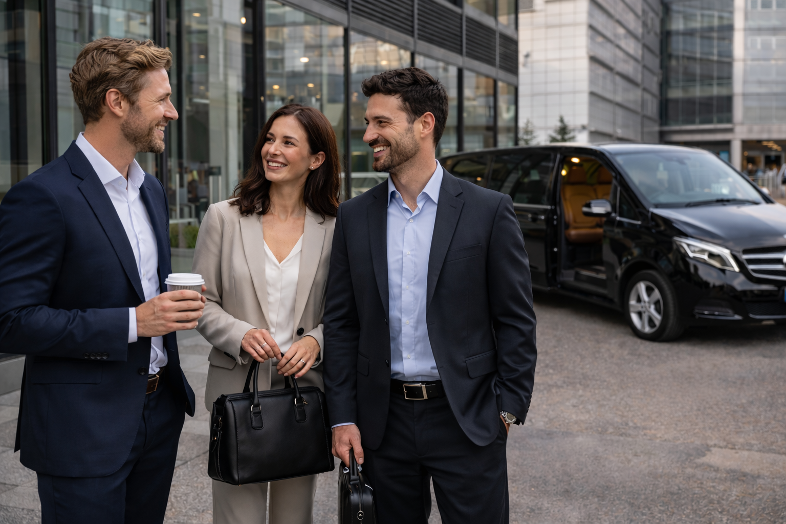 Tre professionisti in abiti da lavoro sono in piedi accanto a un furgone nero, sorridenti e intenti a conversare vicino a un edificio per uffici.