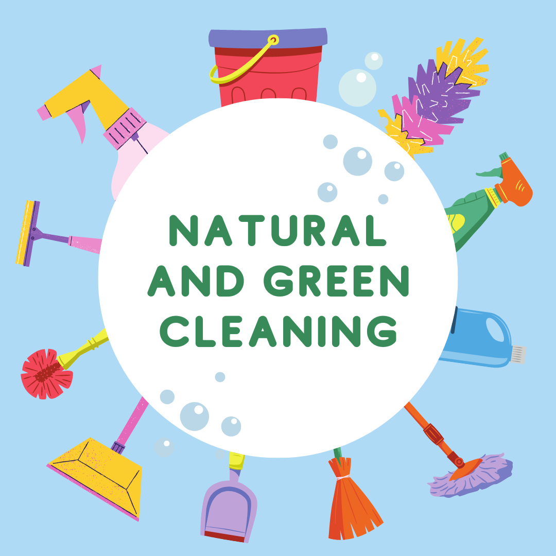 A logo for natural and green cleaning with cleaning supplies in a circle.