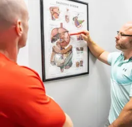 A person points to an anatomical digestive system chart on a wall while consulting with a person in an orange shirt.