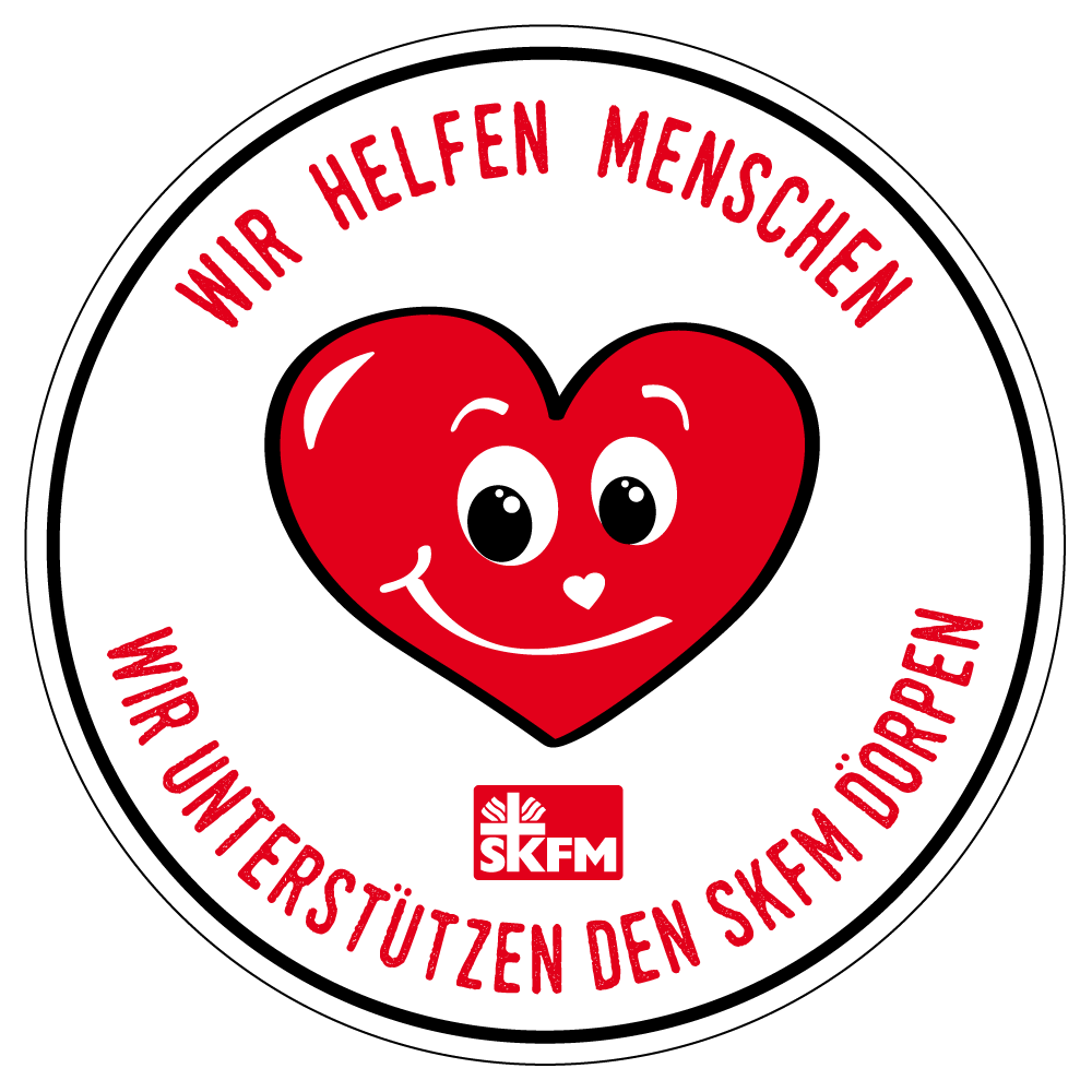Ein rotes Herz mit einem lächelnden Gesicht in einem Kreis mit der Aufschrift „Wir helfen Menschen“ von SKFM