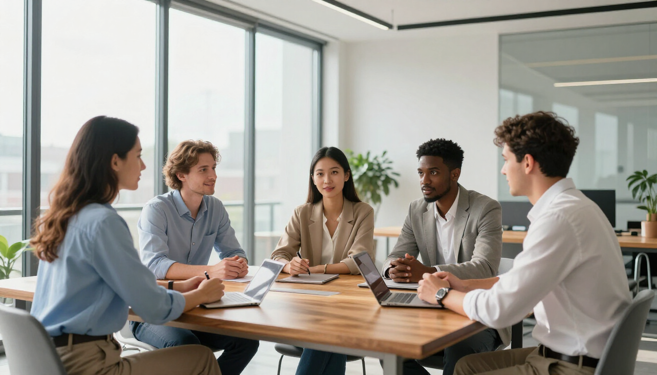 Diverse team collaborating in a modern inclusive office environment.