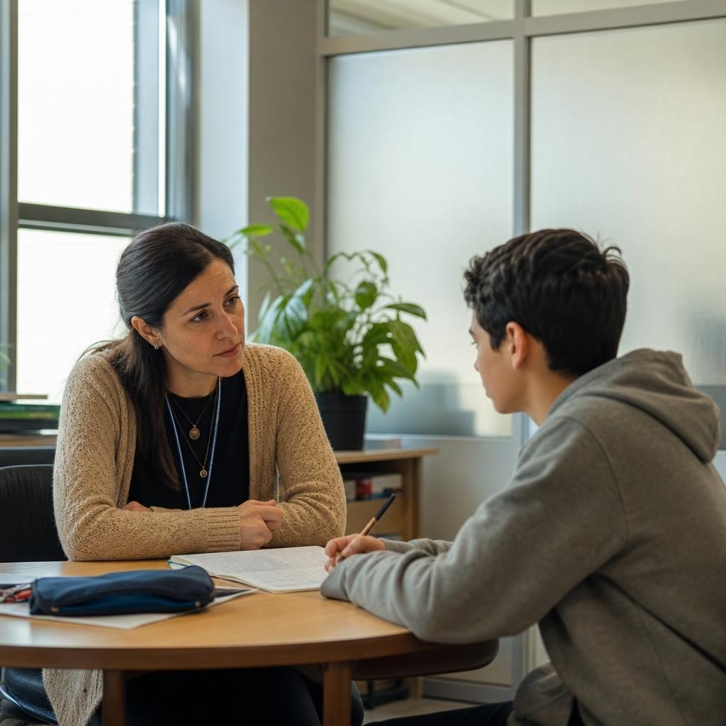 Counselor talking with middle school student at table.