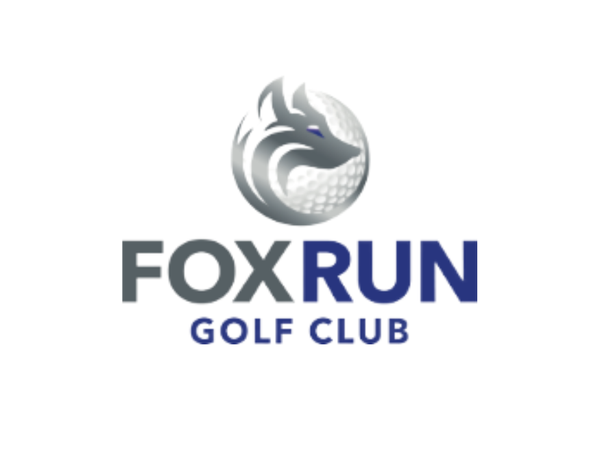 A logo for fox run golf club with a fox on a golf ball