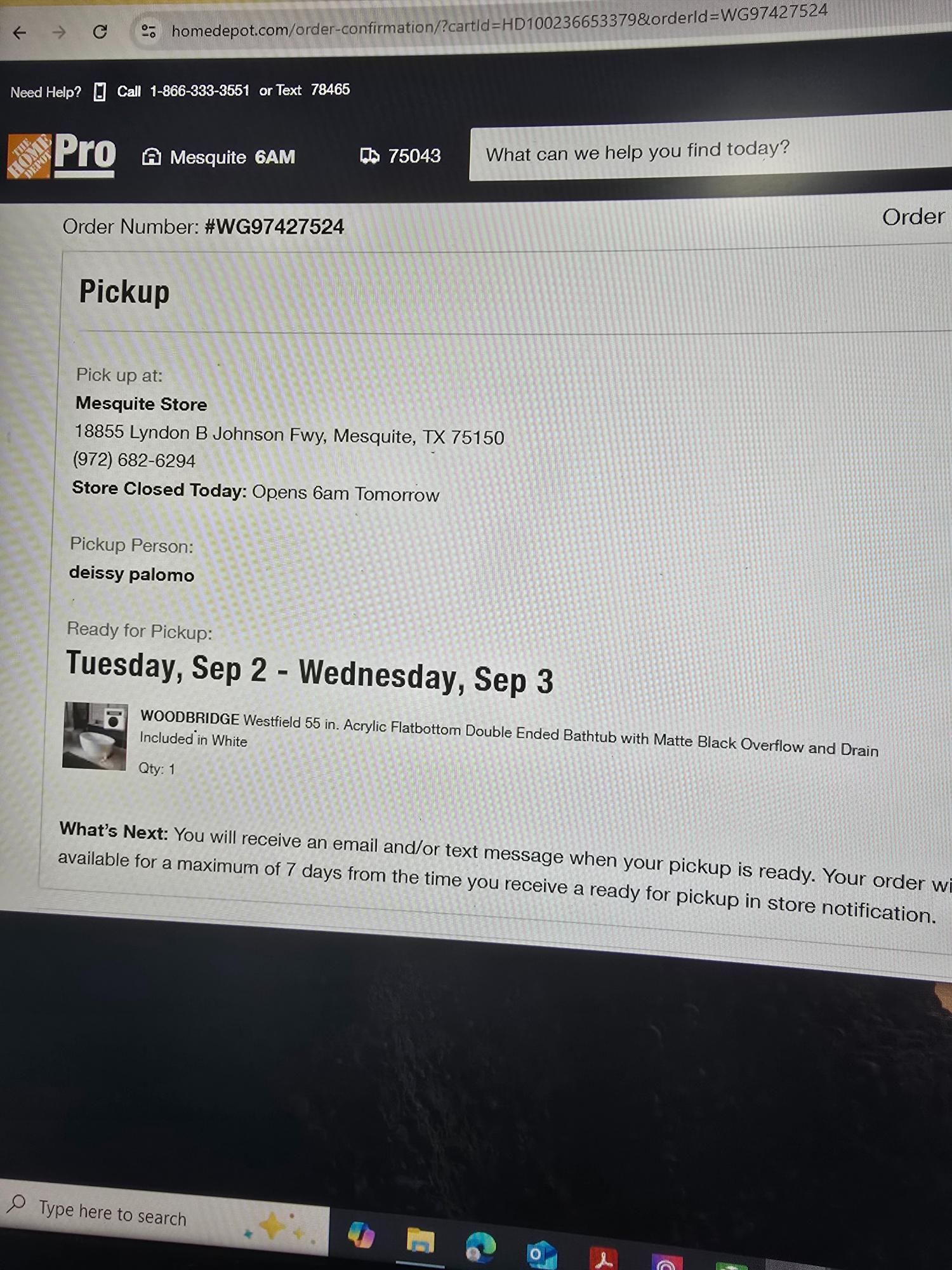 Home Depot Pro website, showing pickup details for a store in Dallas, Texas.