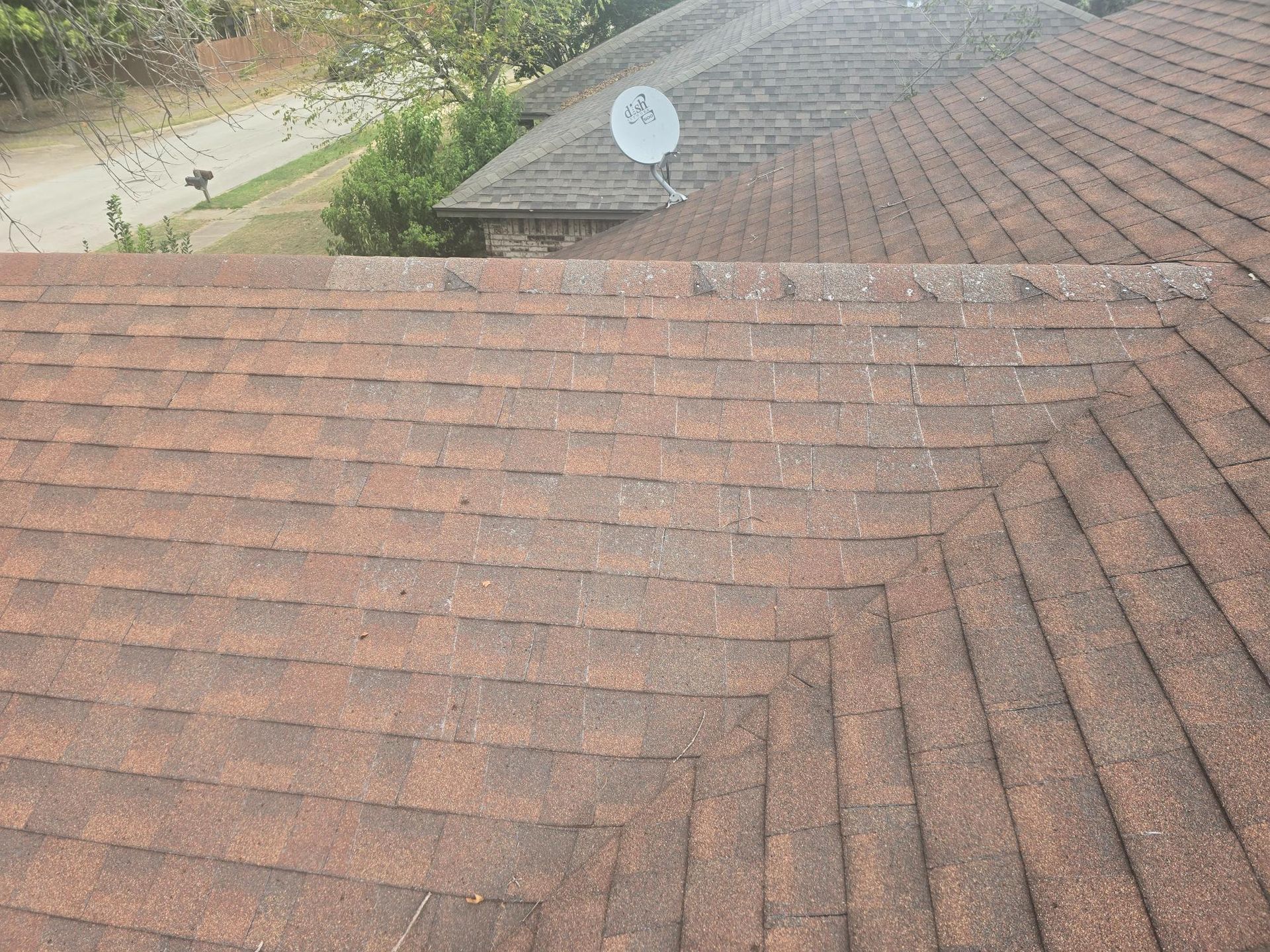 Brown shingle roof with a satellite dish on a nearby roof.