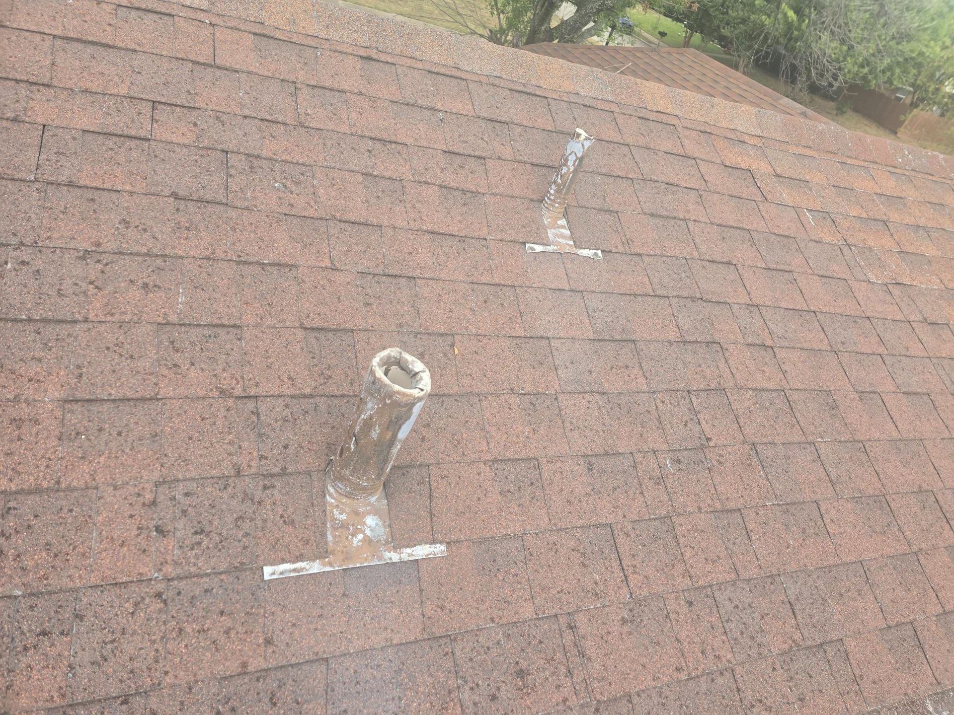 Two weathered vent pipes protruding from an asphalt shingle roof.