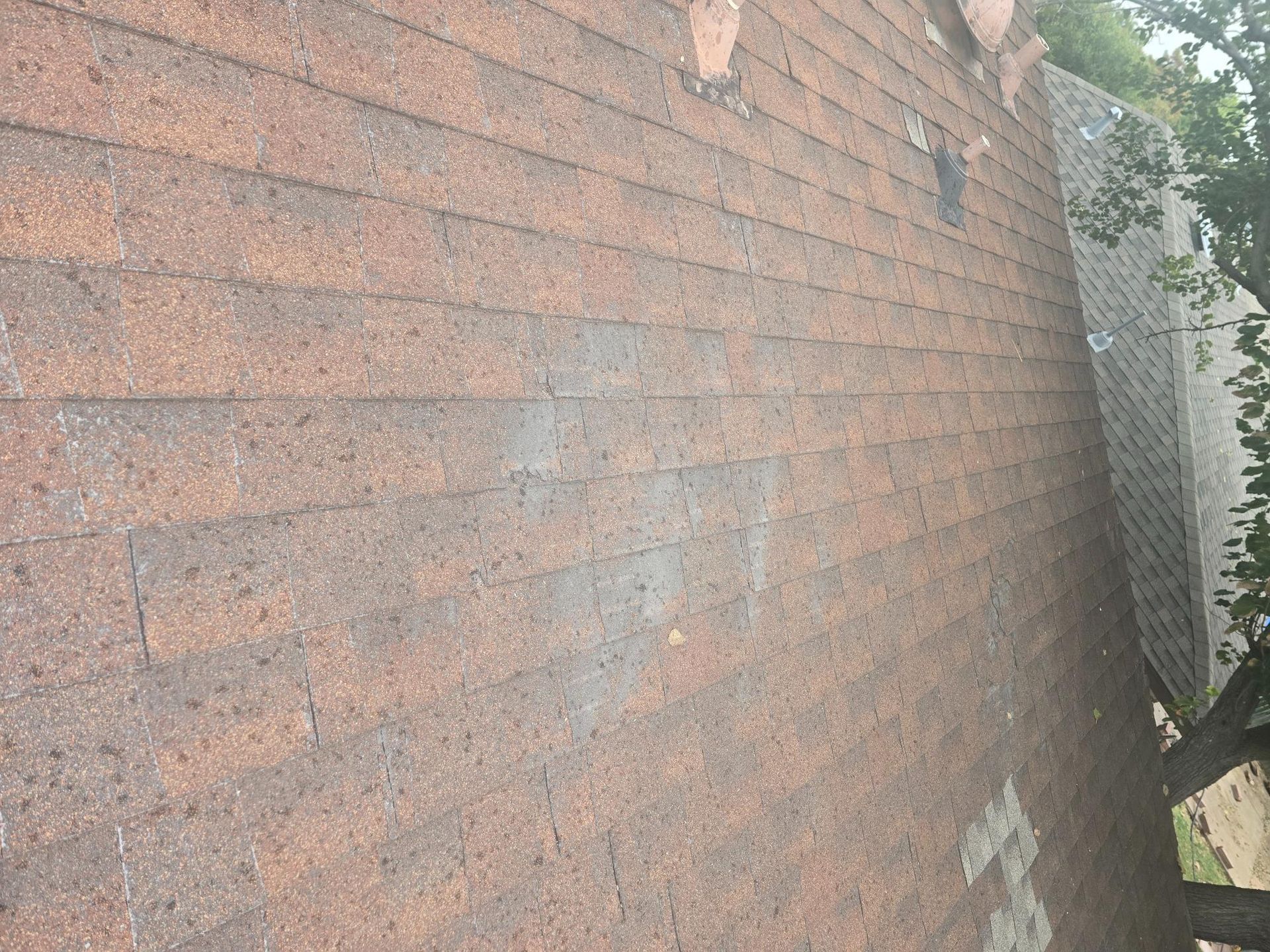 Brown asphalt shingle roof with some damaged and discolored areas.