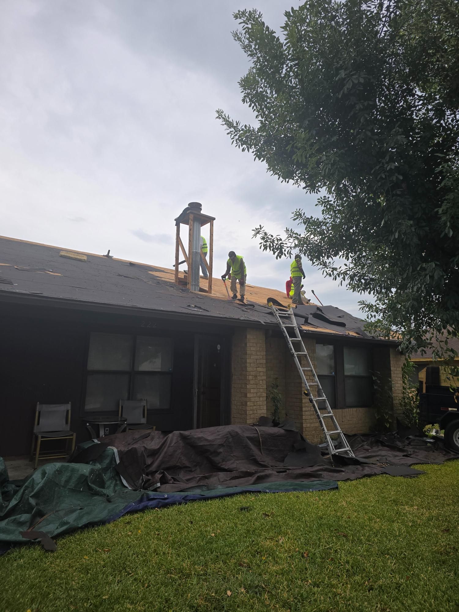 Roofers working on a house roof. One on a ladder, two on the roof, debris covered with a tarp. Overcast sky.