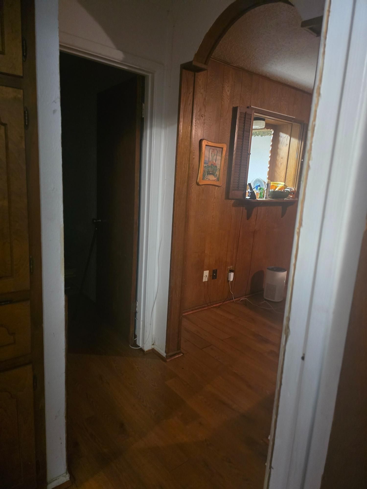 Hallway with wooden floor and walls, doorway on left, arched opening to a room with a mirror and window.
