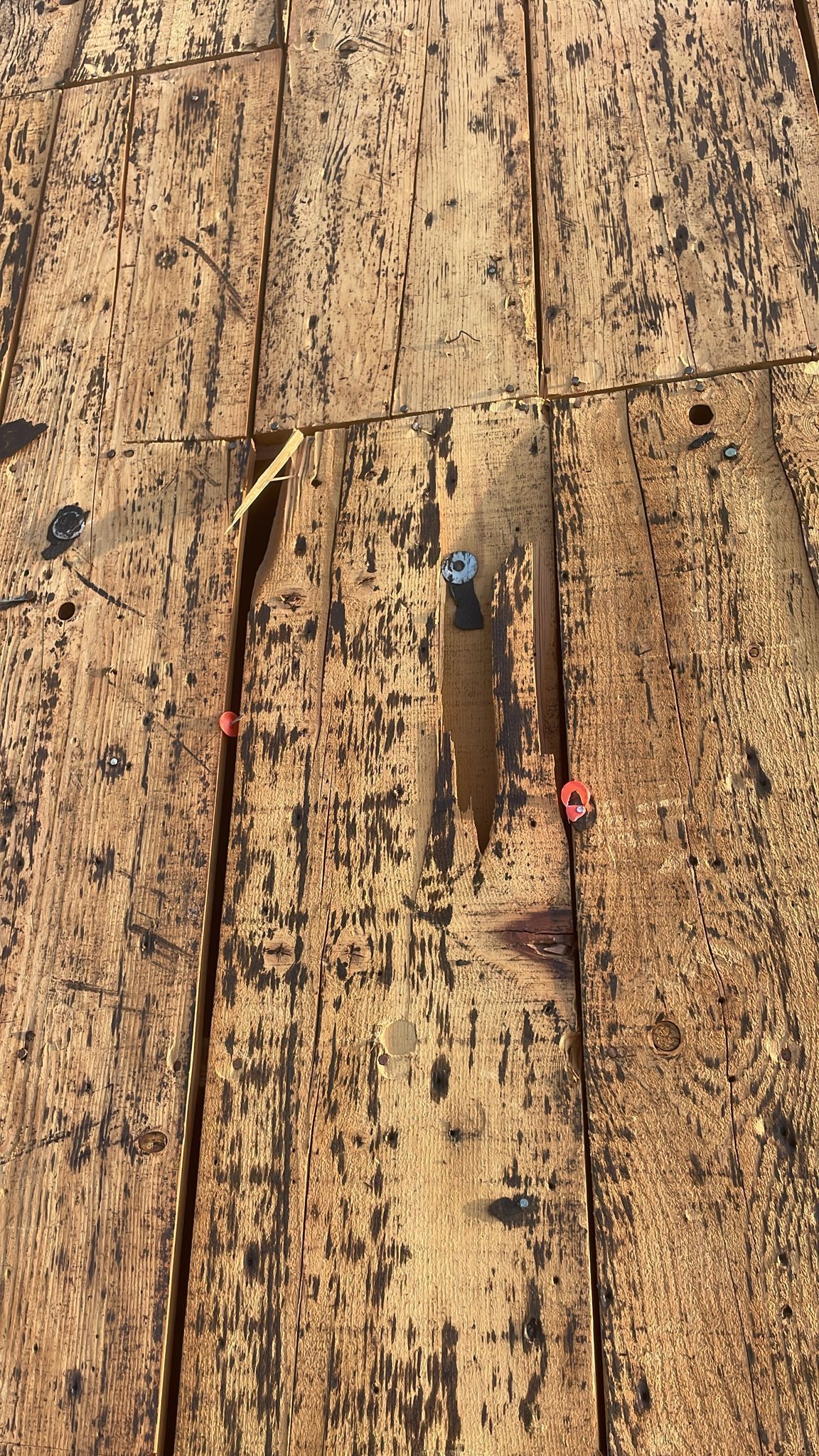 Close-up of weathered wooden planks with a reflective object and a few red markings.