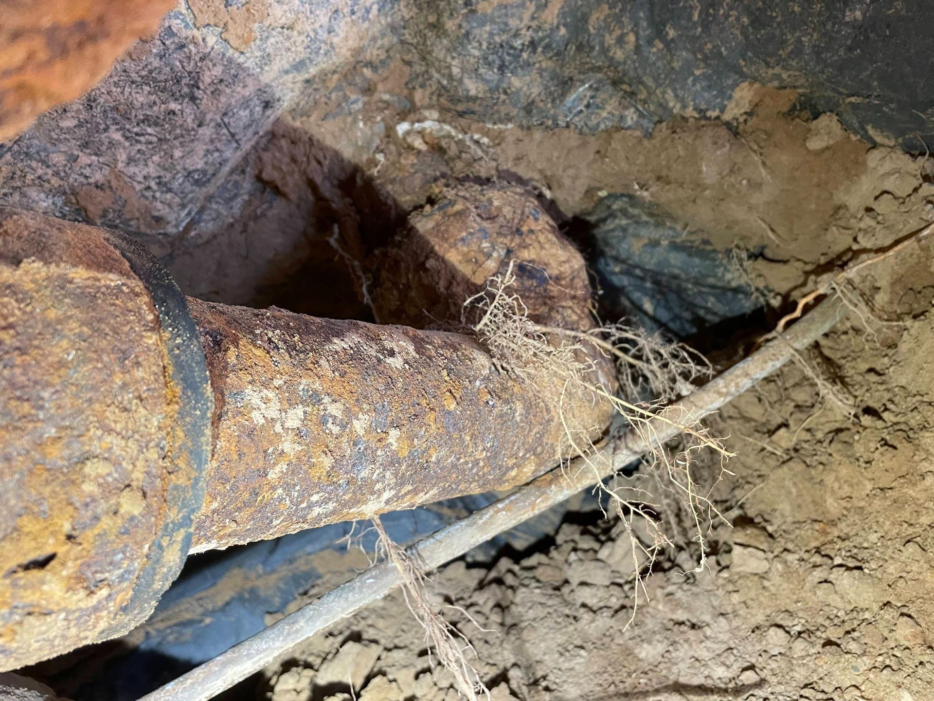 Rusty pipe with roots and dirt.
