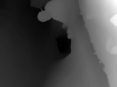 Monochrome depth map showing objects at varying distances, with darker areas representing closer objects.