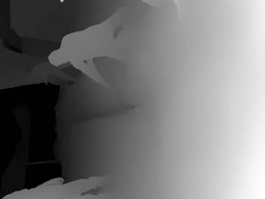 Grayscale depth map of an interior space. Objects recede into the distance, with the right side showing the furthest point.