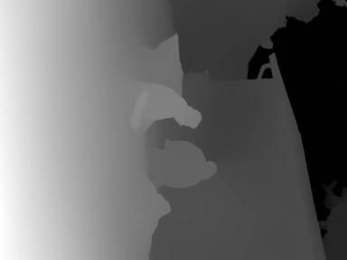 Depth map of an object, showing gradients of gray representing distances, with lighter areas closer.