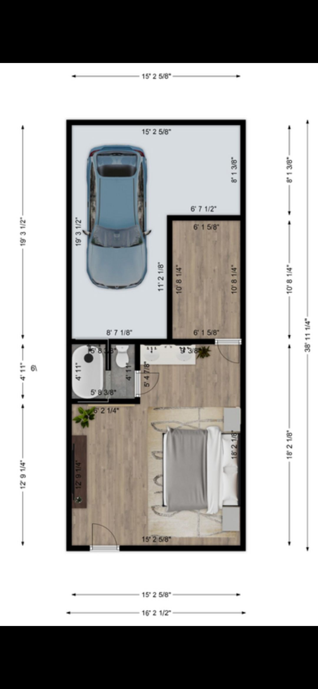 Floor plan of a narrow house, showing a garage, living space, bathroom, and bedroom, with dimensions labeled.