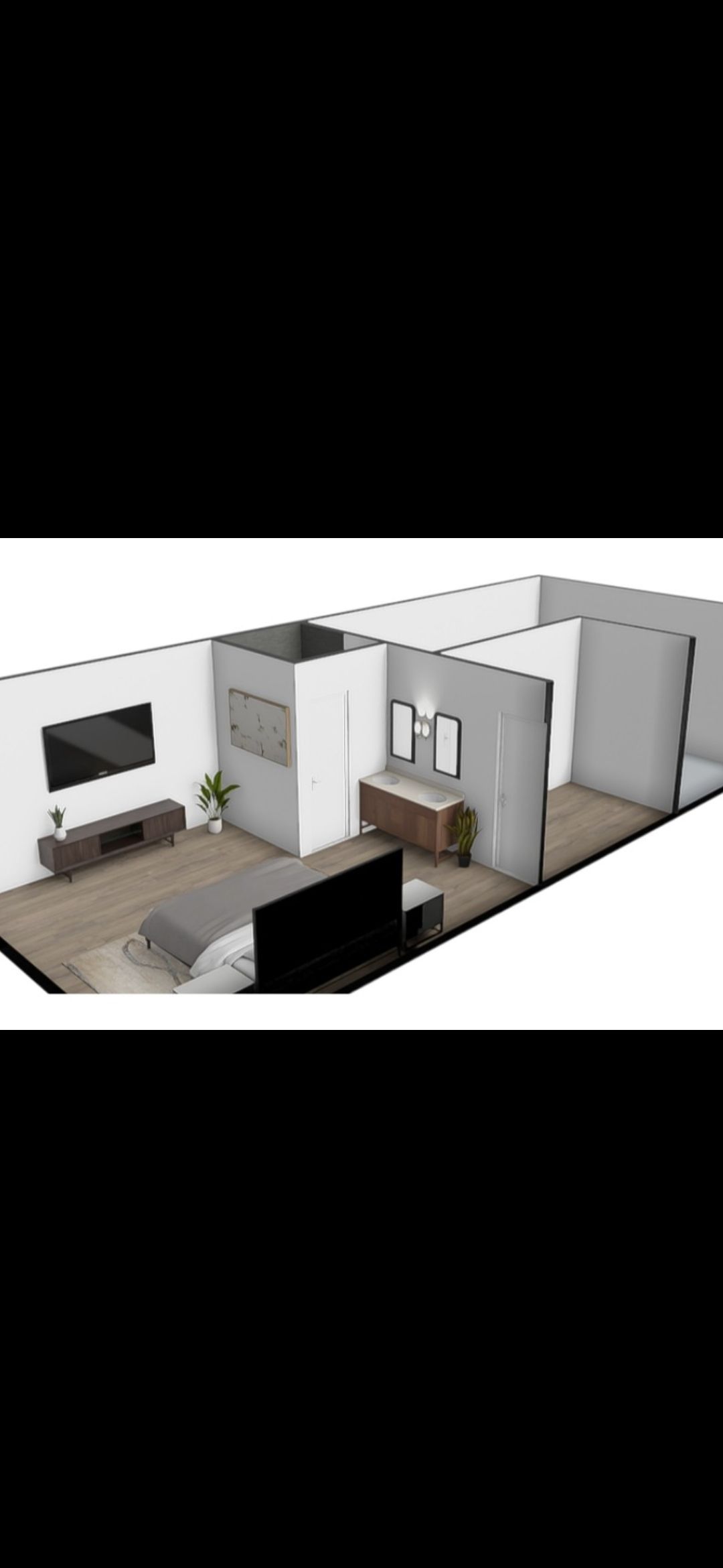 A 3D rendering of a bedroom with a bed, TV, dresser, and partial walls.