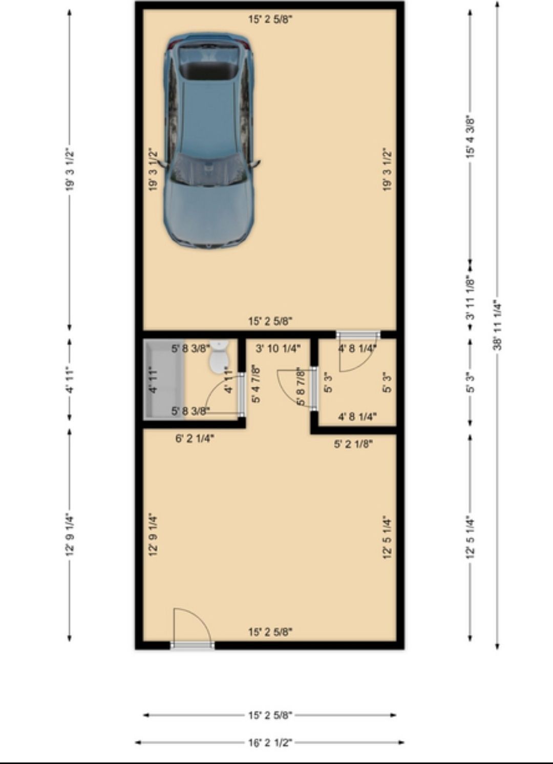 Floor plan of a narrow home with a car parked in the garage area, a living space, and various rooms.