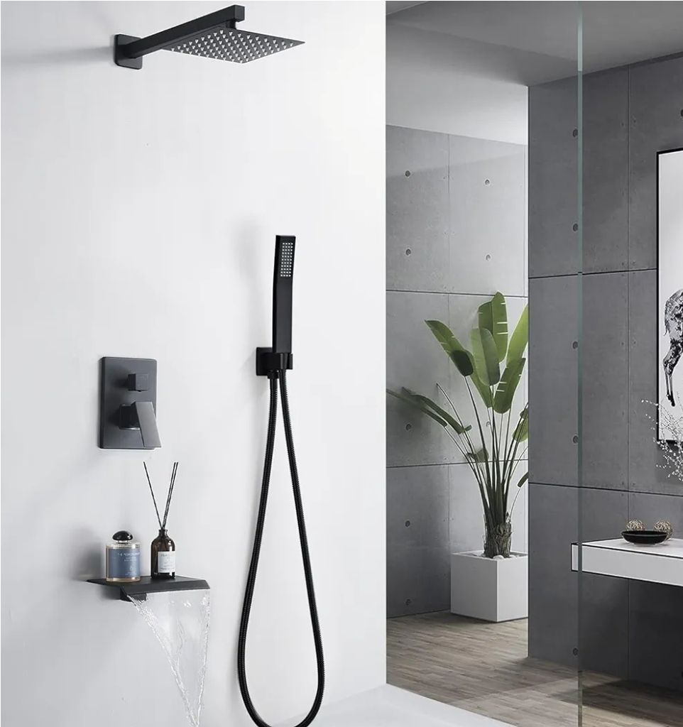 Black shower fixtures on a gray wall, featuring a rain showerhead, handheld shower, and control panel.
