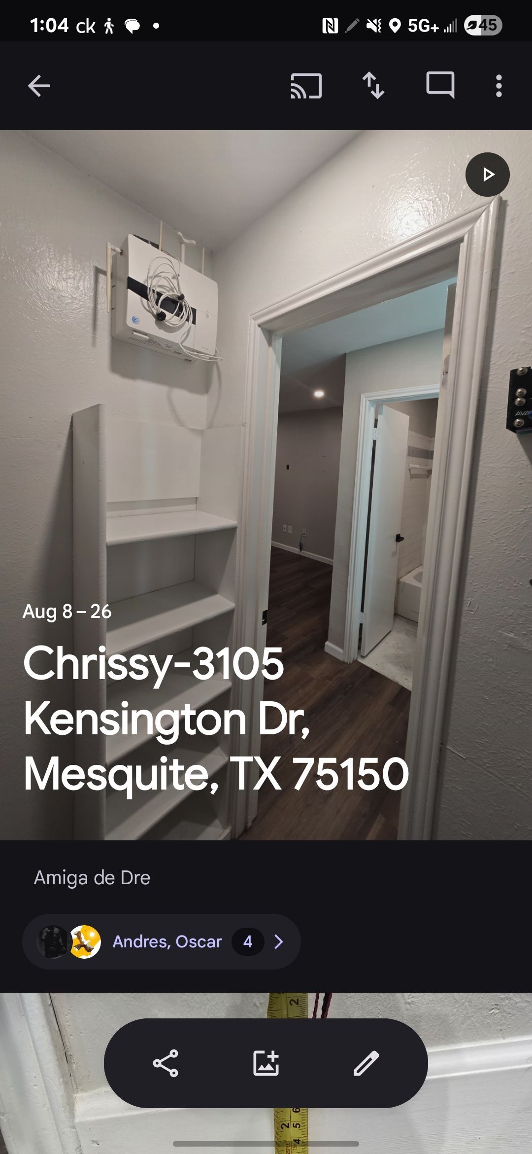 Hallway with built-in shelves and doorway leading to bathroom. Address: Chrissy-3105 Kensington Dr, Mesquite, TX 75150