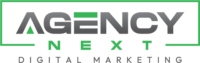 The logo for agency next digital marketing is gray and green.