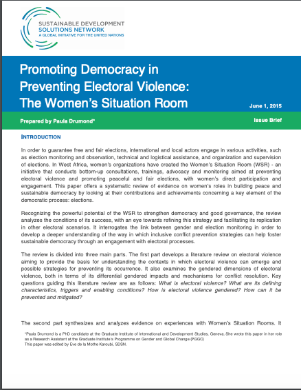 Front Page of Promoting Democracy in Preventing Electoral Violence: The Women’s Situation Room