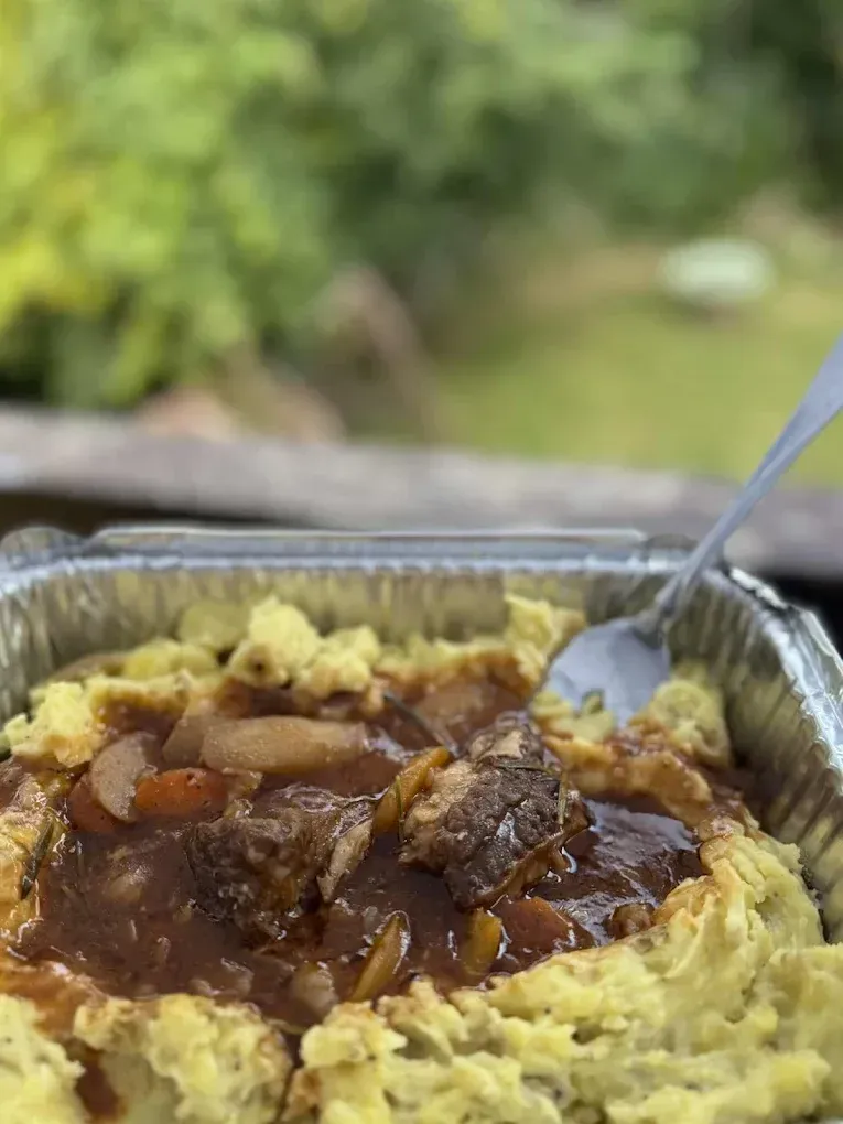 Stew and mashed potatoes in a foil tray, with a fork. Outdoors, green background.