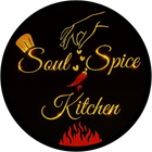 Logo for Soul Spice Kitchen: gold text and chef's hat on black background, hand sprinkling spice over a chili pepper above flames.