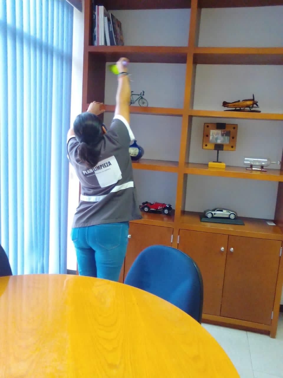 Una mujer está limpiando una estantería con una botella verde