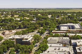 An aerial view of a city with lots of buildings and trees.