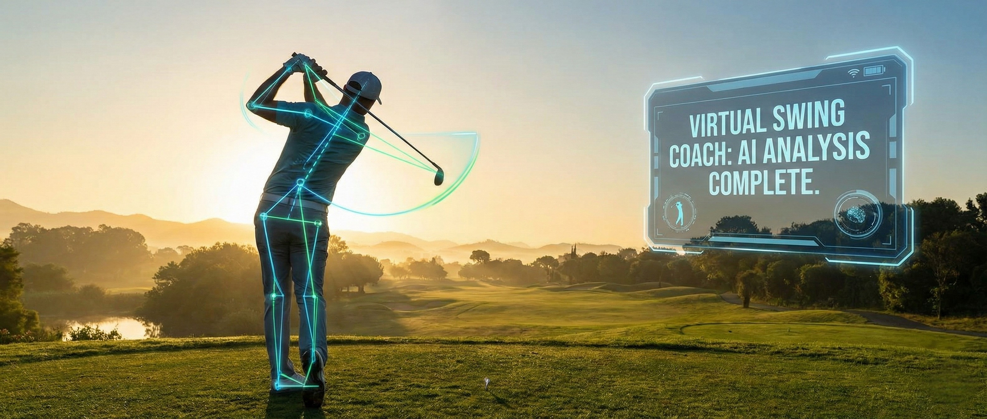 A golfer with glowing body lines, swinging club on a green course. Holographic text: 